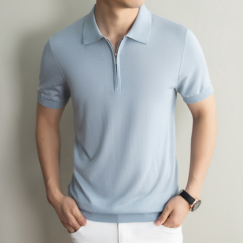 莱赛尔桑蚕丝翻领针织polo衫男2026夏季新款半拉链纯色短袖男T恤