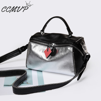 CCMVP品牌自营质量保证-CCMVP休闲品牌女2019新款潮宽肩带铆钉单肩斜挎波士顿枕头百搭软皮手提银色配黑色默认颜色