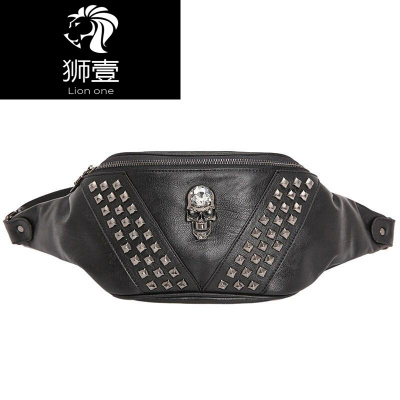 狮壹（Lionone）香港时尚骷髅头铆钉真皮腰包后背个性铆钉胸包时尚女士小胸包潮黑色默认颜色