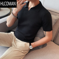 HLCOMAN条纹冰丝翻领短袖Polo衫男士夏季薄款修身V领针织T恤男休闲打底衫