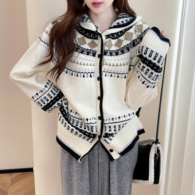 [3件8.5折135.9元,叠加优惠券]唐狮新款深秋初冬穿搭费尔岛毛衣女复古慵懒风连帽开衫毛衣qd