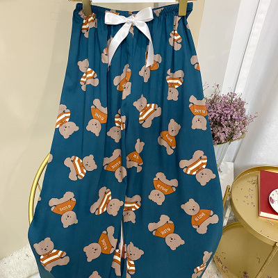 SUNTEK棉绸睡裤女夏薄款九分阔腿裤防蚊裤日系可外穿人造棉单裤子加大码睡裤/家居裤