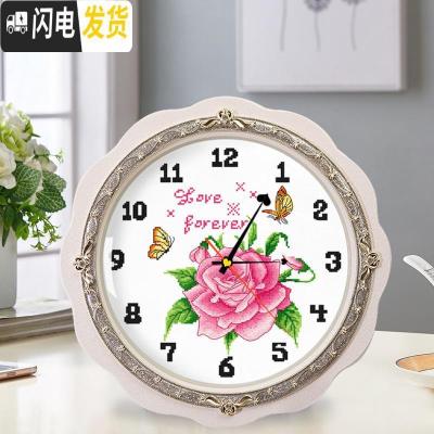 三维工匠十字绣小件钟表玫瑰花餐厅挂钟花卉手工简约现代2019 [埃及棉4股线绣][尺寸40*40厘米][加机芯]送工具包