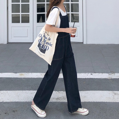娜瑟薇深蓝色时尚减龄牛仔背带裤女装潮ins百搭宽松高腰直筒裤连体裤子