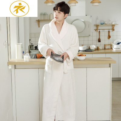 Ideamini睡袍男冬珊瑚绒加厚加长款保暖连帽法兰绒男士浴袍睡衣一体式大码