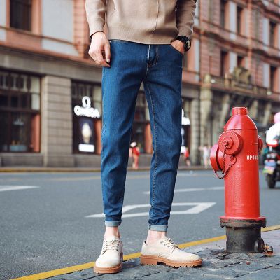 梵克公牛新款牛仔裤男潮牌秋季常规小脚弹力韩版潮流男士休闲黑灰色长裤子AX12蓝色28