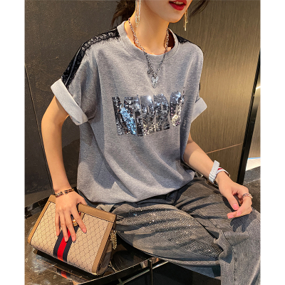 恋名媛-衣品乐欧洲站大码新款蕾丝拼接亮片字母短袖T恤胖MM女装大码女装