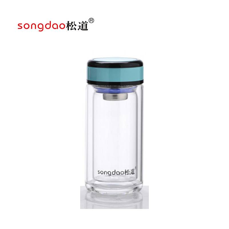 松道 双层玻璃杯双层玻璃水杯带盖耐高温茶水分离便携旅行杯泡茶杯蓝色220ML