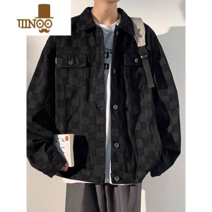 YANXU欧美高街牛仔外套男生秋季款潮牌ins美式工装百搭格子夹克上衣服