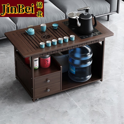 锦北 移动茶台家用竹木小茶桌烧水壶一体简约现代功夫茶几 80长防烫+孔雀茶具