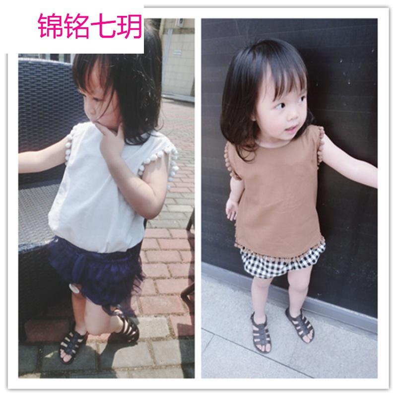 锦铭七玥2017夏季新款纯色婴幼儿童吊带小背心棉麻衬衫毛球边短袖上衣