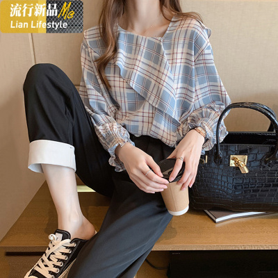 暖青汇格子衬衫女春秋装设计感小众宽松雪纺上衣韩版洋气少女感长袖衬衣