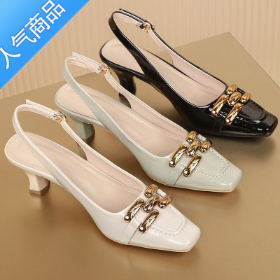 SUNTEK包头后空凉鞋高跟鞋女2023年春夏季新款方头细跟浅口漆皮中跟单鞋