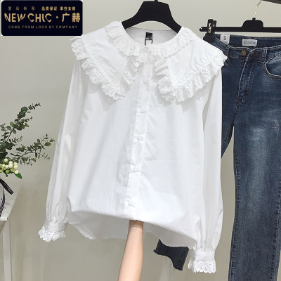 广赫白色娃娃领衬衫女长袖2021春秋装蕾丝甜美公主风上衣棉宽松衬衣衬衫