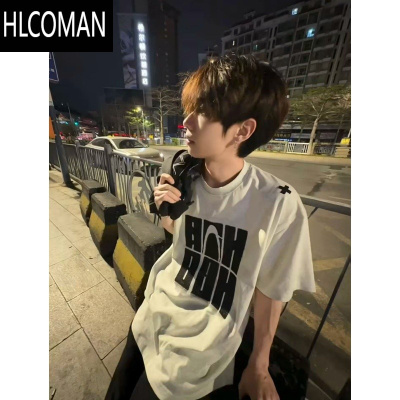 HLCOMAN2025新款字母刺绣灰色短袖t恤男款夏季情侣高级感痞帅国潮牌上衣