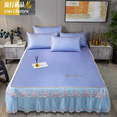 欧式绣花床裙款冰丝凉席三件套纯色竹席席不变形布空调席可机洗 三维工匠