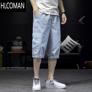 HLCOMAN夏季薄款牛仔七分裤男士潮牌宽松休闲7分裤胖子韩版潮流ins短裤子
