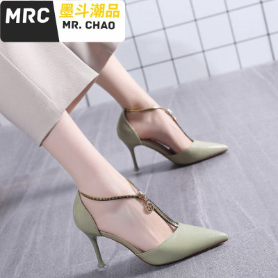 网红拉链高跟鞋女细跟性感2020年新款仙女尖头中空单鞋百搭墨斗潮品休闲鞋