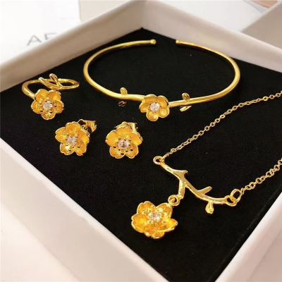 2021新款沙金手镯女开口 仿金24K镀金民族风镶钻桃花幸运镯子套装送女朋友老婆情人节七夕生日礼物