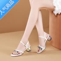 SUNTEK2023夏季水钻凉鞋女粗跟中跟一字式扣时尚百搭后空韩版外穿仙女风