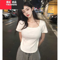 YIBUSHENG方领黑色正肩短袖t恤女2024新款季大码胖mm巨显瘦辣妹短款上衣