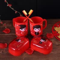 结婚洗漱用品套装女方陪嫁牙刷洗漱杯香皂盒红侣漱口杯对杯 三维工匠 带底座相公娘子牙杯牙刷香皂盒