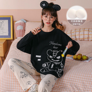 睡衣女秋冬季纯棉长袖带胸垫秋天韩版可爱大码家居服套装