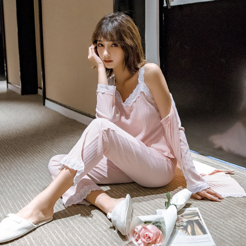 波迷娜(bomina)睡衣女纯棉三件套长袖中长款睡袍性感大码服套装