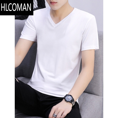 HLCOMAN]男士短袖t恤V领体恤修身夏季纯色打底衫半袖白衣服长袖