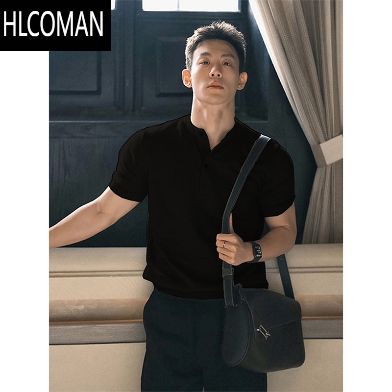 HLCOMAN黑色训练正肩短袖polo衫男款痞帅高级感亨利领t恤显肌肉健身半袖