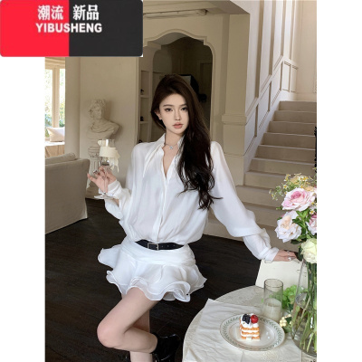 YIBUSHENG白色荷叶边长袖衬衫连衣裙女装春季收腰显瘦短裙法式休闲a字裙子