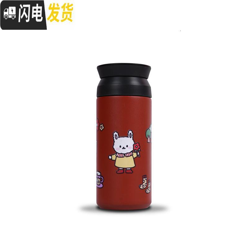三维工匠生活家原创可爱兔子女生保温杯学生水杯杯不锈钢保温 拿花兔保温红色平顶盖500
