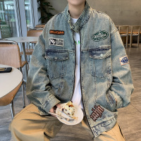 美式复古潮牌牛仔夹克外套男春秋新款宽松休闲立领痞帅上衣机车服