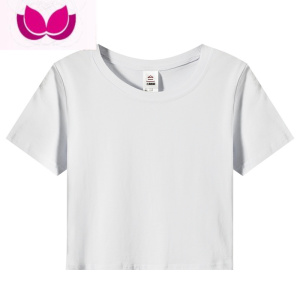 七斓T恤女夏季2023年新款白色短袖奶蓝色高腰短款bm修身短上衣ins