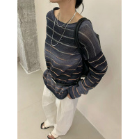慵懒风 段染和纸纱渐变色针织衫女2025新款撞色条纹宽松长袖T恤衫
