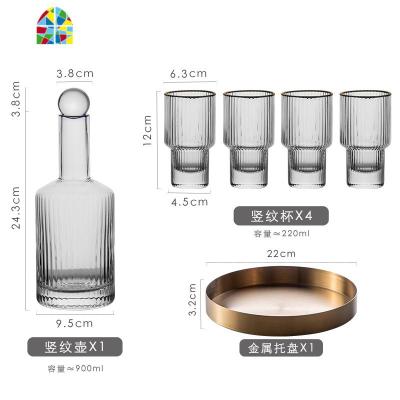 北欧竖条纹玻璃冷水壶耐热一壶四杯大容量果汁壶凉水壶茶壶洋酒壶 FENGHOU [❤️推荐]竖条纹套装带盖含托烧水壶