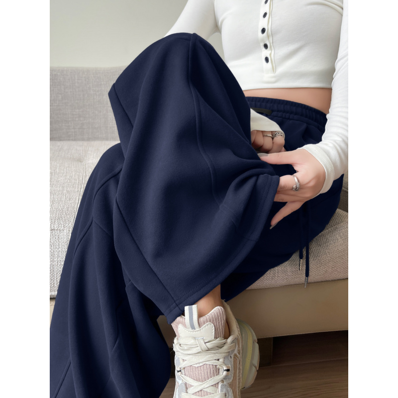 藏青色运动裤女新款秋季休闲直筒卫裤小个子宽松窄版阔腿裤子_77