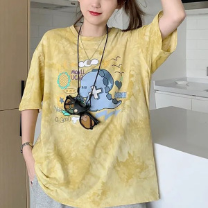 韩版扎染卡通短袖女夏季新款日系风休闲宽松百搭印花T恤上衣