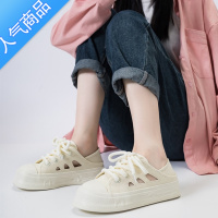 SUNTEK透气镂空两穿小白鞋女2023夏季新款半拖休闲学生厚底帆布鞋一脚蹬