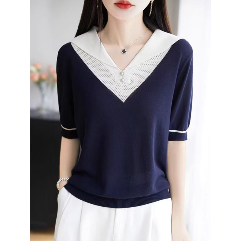 领冰丝撞色假两件帽衫短袖薄款百搭显瘦五分袖打底衫上衣内搭