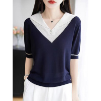 领冰丝撞色假两件帽衫短袖薄款百搭显瘦五分袖打底衫上衣内搭_959