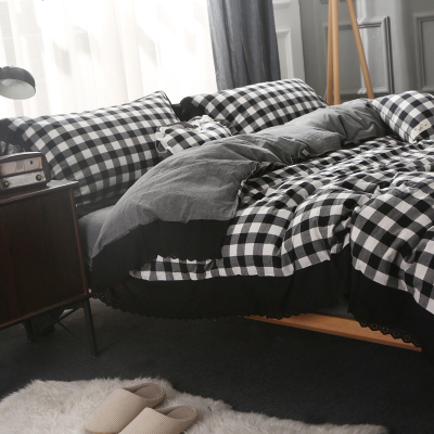 全棉水洗棉四件套黑白格子色织纯棉韩式公主蕾丝1.8床单1.5床笠