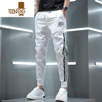YANXU2023潮牌休闲裤男条纹冰丝速干运动裤子白色修身薄款长裤束脚
