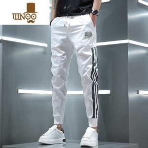 YANXU2023潮牌休闲裤男条纹冰丝速干运动裤子白色修身薄款长裤束脚