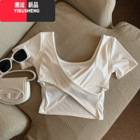 YIBUSHENG白色正肩方领短袖t恤女季设计感交叉后美背带胸垫修身短款上衣