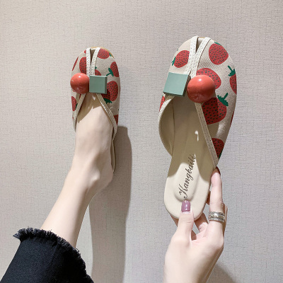 Ideamini草莓拖鞋女外穿2021年新款女鞋平底外出毛毛包头半拖鱼嘴凉拖ins