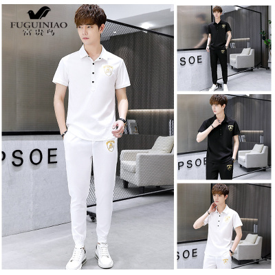 富贵鸟（FUGUINIAO）夏季运动休闲套装男潮流韩版潮修身帅气短袖T恤长裤两件套