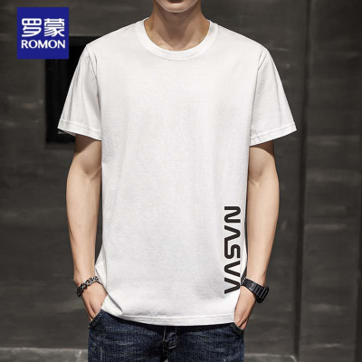 罗蒙（ROMON）短袖T恤圆领潮流T恤打底衫2021夏季大码纯棉新款短袖T恤男宽松体恤印花情侣款百搭
