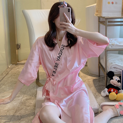 SUNTEK性感睡袍女士薄款冰丝夏季睡裙大码浴袍睡衣裙春秋和服家居服