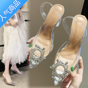 SUNTEK2023春夏新款网红同款水晶钻扣凉鞋女尖头性感仙女百搭细跟高跟鞋